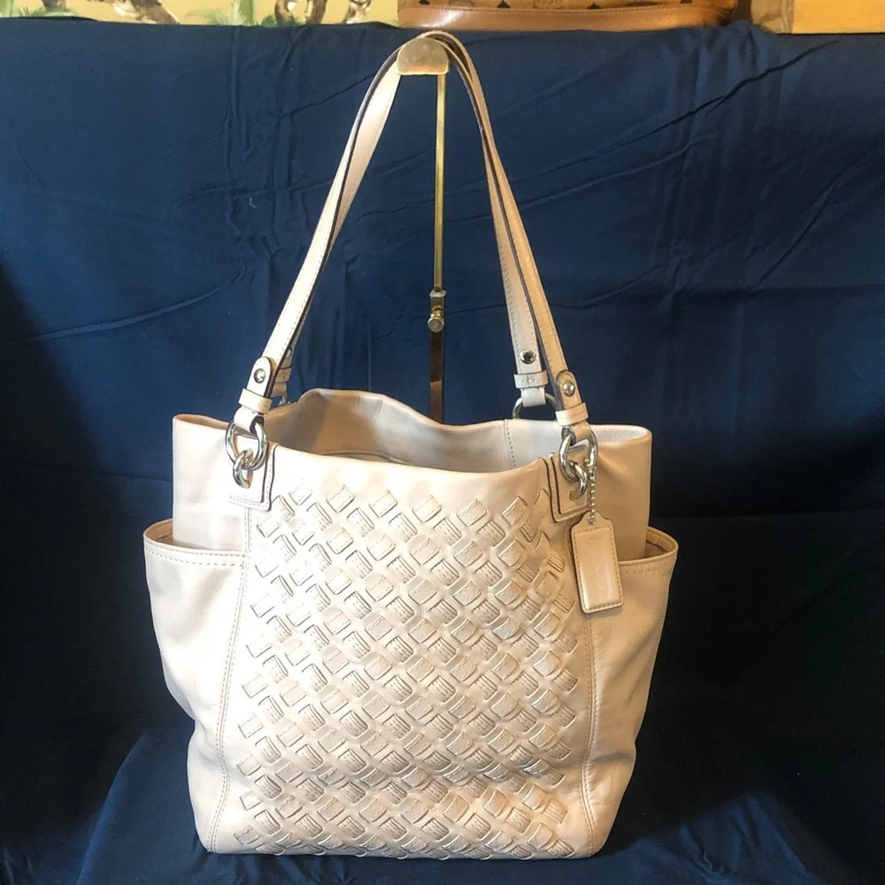 Coach woven leather tote bag EUC 12” x 12” palest pink tan color Rare